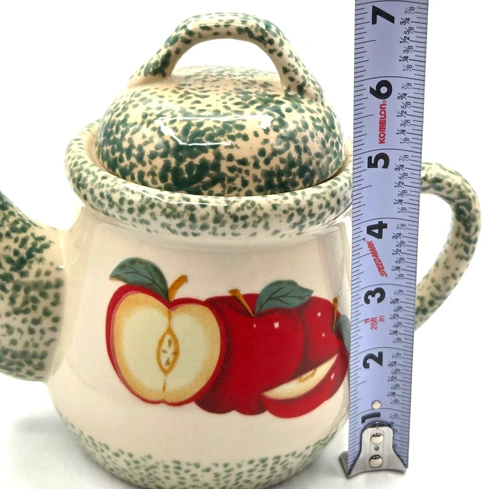 Vintage 1996 Tender Heart Treasures Ceramic Teapot Red Apples & Green Spongeware